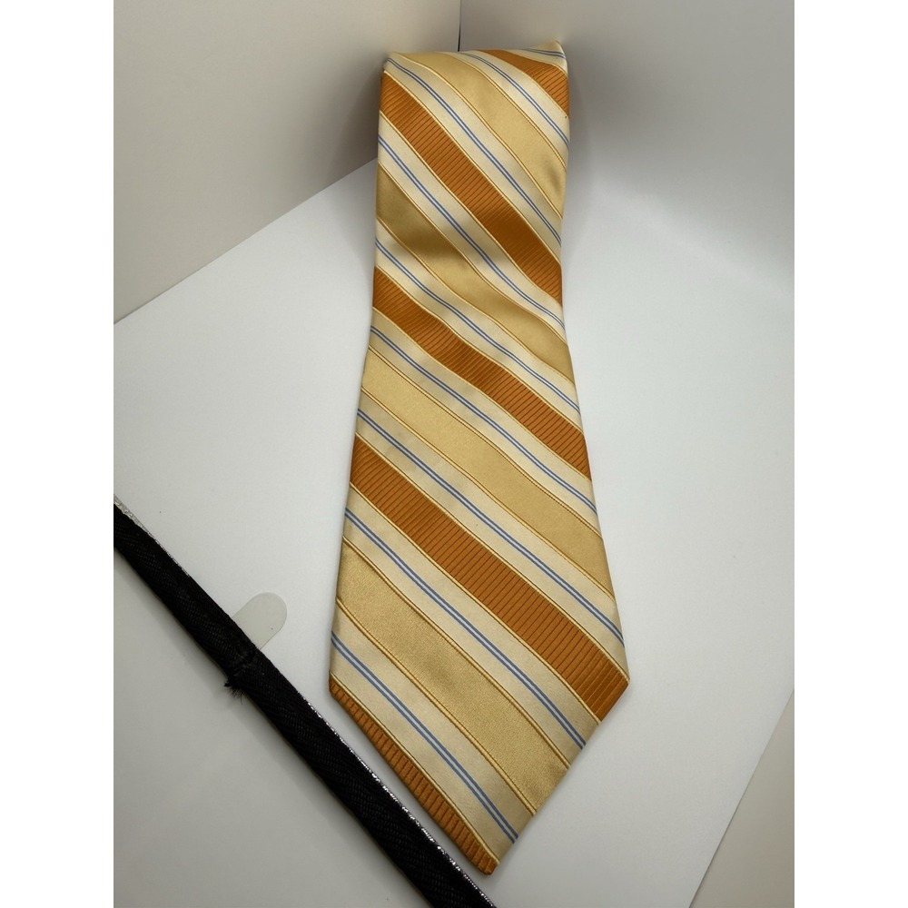 Ike Behar Silk Tie Gold Orange Blue Stripe USA Made Classic 61.5" x 3.75"‎
